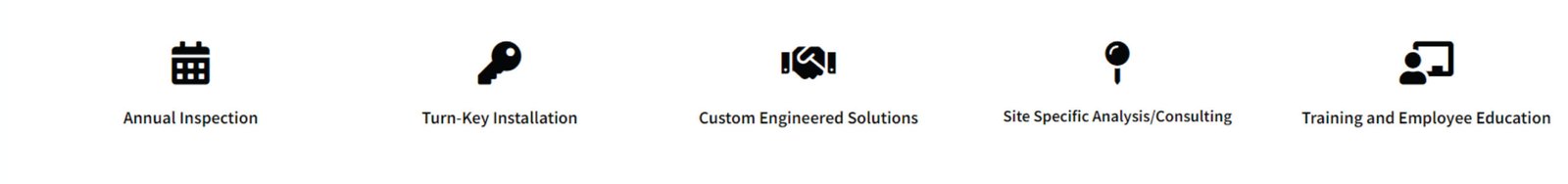 Services: Annual Inspection, Turn-Key Installation, Custom Engineered Solutions, Site Specific Analysis/Consulting, Training and Employee Education